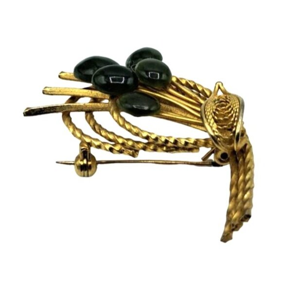 Nephrite Jade Brooch Gold Tone Filigree Setting Vintage Costume Jewelry - Picture 3 of 8